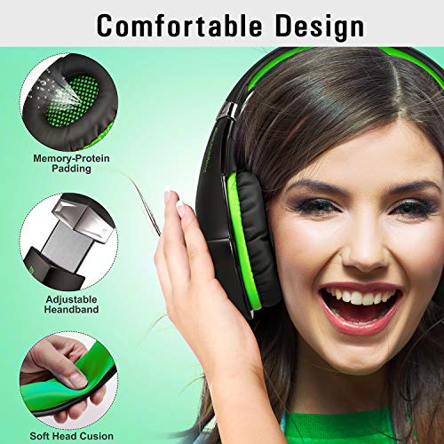 TURN RAISE Upgraded 3.5mm Stereo Gaming Headset for Xbox One, PS4, PC - Surround Sound Over-Ear Headphones with Noise Cancelling Mic for Playstation 4, Laptop, LED Lights &Volume Control (Green)