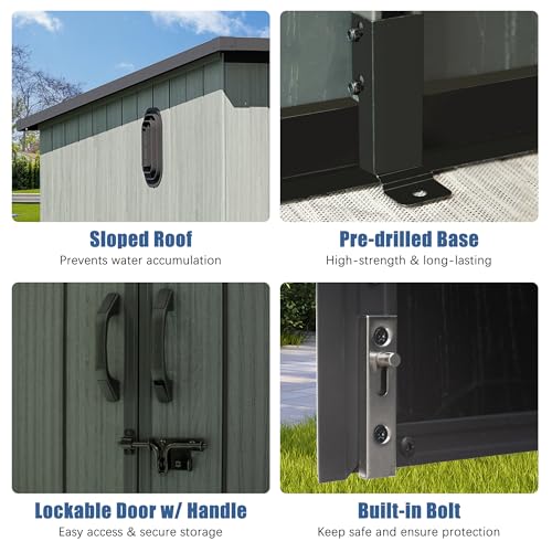 Domi 6x8FT Outdoor Resin Storage Shed with Transparent Windows & Louvered Vents, Plastic Tool Shed with Double Lockable Doors & Sloping Roof, Outside Garden Shed for Backyard, Patio, Lawn, Grey