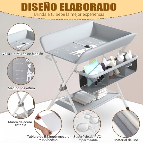 Cambiador para Bebe, Gris Multifuncional con Altura Ajustable, Mueble Cambiador para Bebe, Plegable con Ruedas, Cómoda Cambiador para Bebe, 3 Alturas Ajustables, con Barra Secar Ropa, Canasta Almacenamiento, Ruedas silenciosas universales