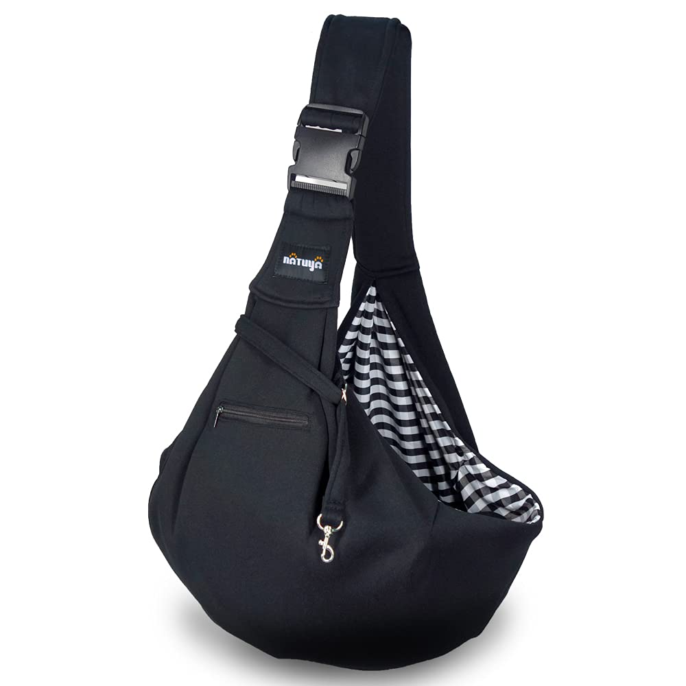 NATUYA Pet Sling Carrier Small Dog Sling Cat Carrier Bag Adjustable Strap Hands-free Sling Pet Carrier Bag with Front Zipper Pocket Safety Belt for Outdoor Traveling Subway (Black, Cotton Style)