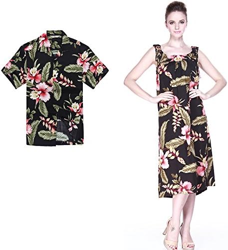 Hula Hula Batik Couple Matching Hawaiian Luau Outfit Aloha Shirt Melani Dress in Black Rafelsia