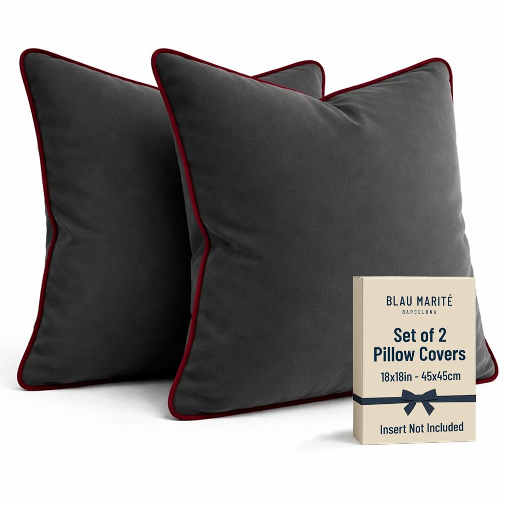 Blau Marité Set of 2 Velvet Throw Pillow Covers with Contrast Piping, Soft Decorative Cushion Covers, Grey and Burgundy, 18"x18" (45x45 cm).