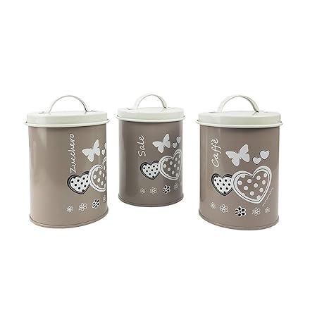Buystar Tris Barattoli Da Cucina In Latta Vintage Con Decorazione Cuori Sale Zucchero Caffè 3 Colori 15 Cm Tortora