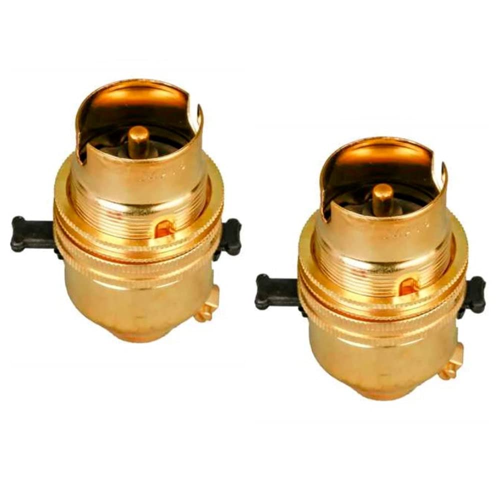 2 Pack | Natural Brass 10mm (M10) Entry Switched Lampholder with Shade Ring | Bayonet Cap BC B22 Fitment | High Grade Brass Metal | UK Approved