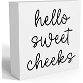 Hello Sweet Cheeks Bathroom Decor, Funny Bathroom Signs Decoration, Black and White Bathroom Decoration, Bathrooms Decor for Shelves, Wooden Box Decoration Sign for Home Farmhouse Living Room Table