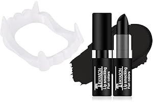 PASNOWFU Halloween for Vampire Fangs Kit Professional Fake Teeth Set with Realistic Fangs, Black Lipstick for Halloween Cosplay SFX Makeup, Costume Parties, Vampire Costume Accessories,Cosplay,Stage