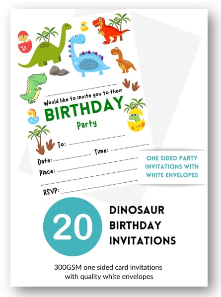 Second Ave 20 Pack Dinosaur Birthday Party Invitations Invite With Envelopes For Children Boys or Girls