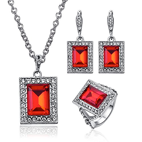 Bridal Wedding Red Crystal Jewelry Set Ruby Gemstone Square Necklace Drop Earring Ring Sets Elegant - Red + Ring#7