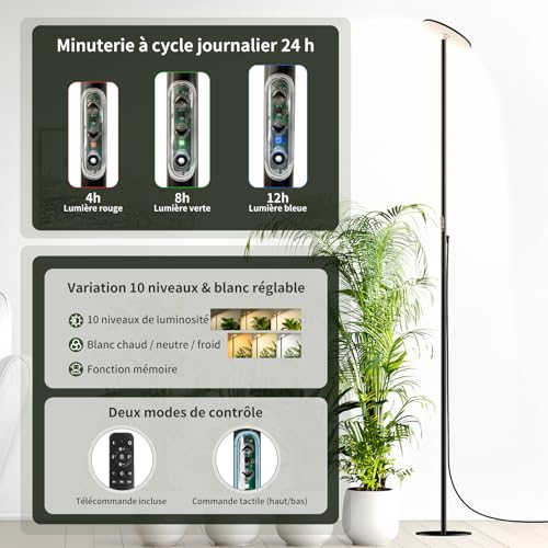 AJABotanics 60W LED Horticultural Lamp on Foot, Full Spectrum Indoor Plant Lamp, Adjustable Height up to 216 cm, for Large Plants, Remote Control, Timer 4H/8H/12H