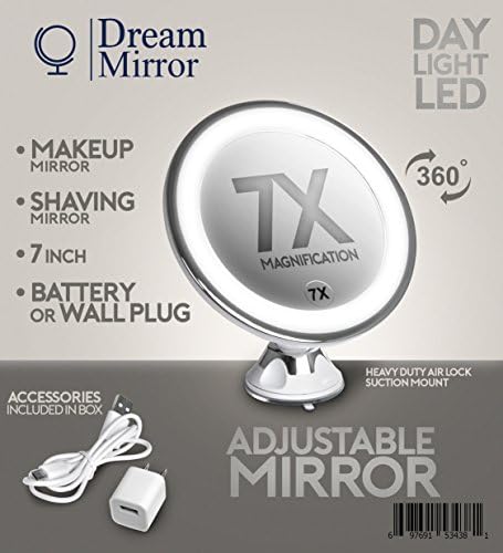 Dual Powered LED Makeup Mirror Or Shaving Mirror, 7 Inch Surface, With 7X Magnification. Battery or Included Power Adapter With Heavy Duty Suction