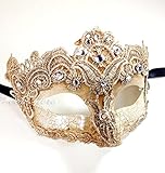 Toga Party Special - Venetian Goddess Masquerade Mask Made of Resin, Paper Mache Technique with High Fashion Macrame Lace & Rhinestones [Ivory]