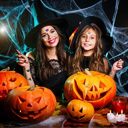 Kids Halloween Temporary Tattoo, MEZOOM 110pcs Glowing in Dark Ghost Temporary Tattoos Luminous Pumpkin Fake Sticker Halloween Themed Cobweb Bat Skeleton Spider for Boys Girls Party