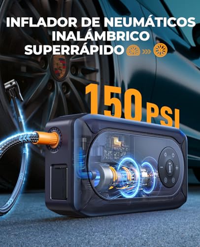 Car Battery Jump Starter with Air Compressor, 6000A YaberAuto Portable Car Jump Starter (9.0L Gas/8.0L Diesel) with 150PSI Inflator, Insulated Gloves, Large Screen and LED Flashlight