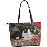 Taivodb Women's Zip-Top Tote Bag with Pebbled Leather - Floral Cat/Bird Print - Lightweight Poly-Cotton 15L Work Bag