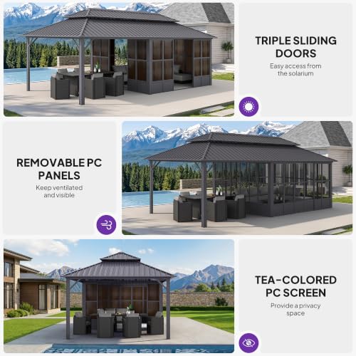 PURPLE LEAF 12' x 24' 4 Season Screened Gazebo with Solarium, Grey Aluminum Frame image 34