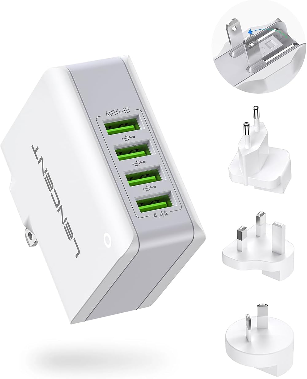 Lencent 4-Port USB Travel Charger 22W 5V 4.4A Worldwide Plug Adapter