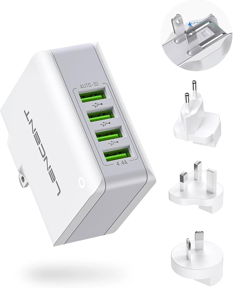 Lencent 4-Port USB Travel Charger 22W 5V 4.4A Worldwide Plug Adapter