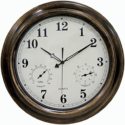 Large Silent Waterproof Wall Clock with Thermometer and Hygrometer for Indoor or Outdoor, Metal Frame, Non-Ticking, 18 inch