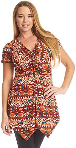 MK WT1400 Womens Print Short Sleeve Knot Front Baby DoMK Tunic XXXL RED_IVORY