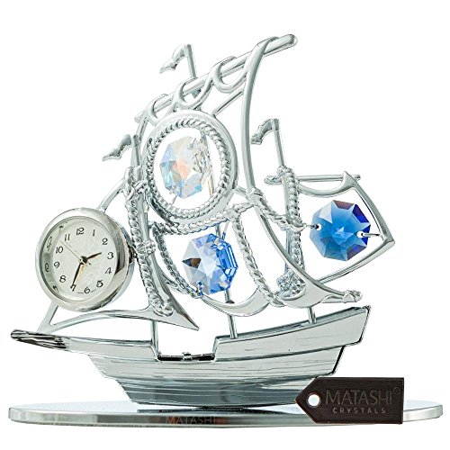 Matashi MTCL13025 Chrome Plated Silver Sailboat Tabletop Ornament with Clock Blue Crystals | Timepiece Home Décor, Keepsake or Work Decoration | Precision Analog Time Keeping