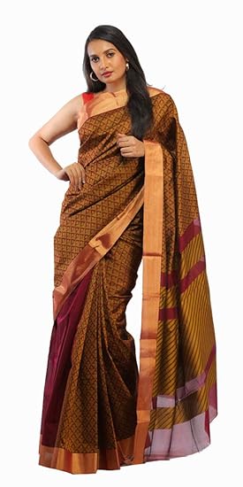 Kanchivaram Womens Silk Cotton Traditional Design Saree with Blouse Piece (Maroon)