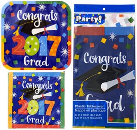 Graduation Party Kit 2017 Plates, Napkins,Tablecloth Graduation Supplies Blue Multi Gr-01