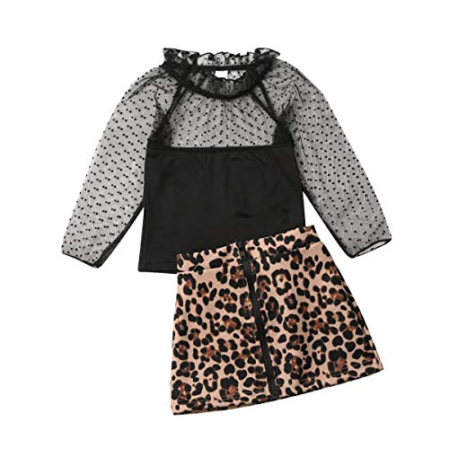 LXXIASHI 2PCS Toddler Baby Girl Outfits Long Sleeve Lace T-Shirt Top + A-Line Leopard Zipper Skirt Set (Lace Leopard- Black, 3-4 Years)