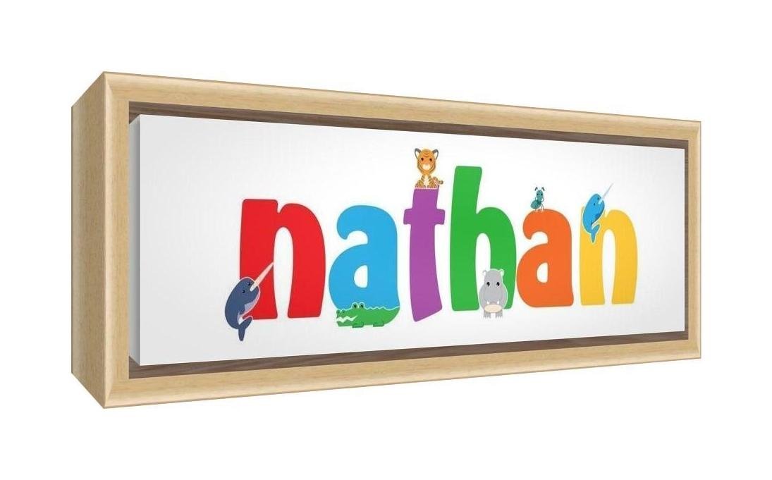 Feel Good Art Framed Box Canvas with Solid Natural Wooden Surround in Cute Illustrative Design Boy's Name (19 x 46 x 3 cm, Small, Nathan)