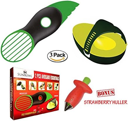 3-in-1 Avocado Slicer, Avocado Saver/Preserve/Storage by SunKewl with a Bonus Strawberry Huller