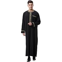 YAOHUOLE Men's Long Sleeve Kaftan Thobe - Cotton Linen Button Down Ankle Length Robe With Pockets