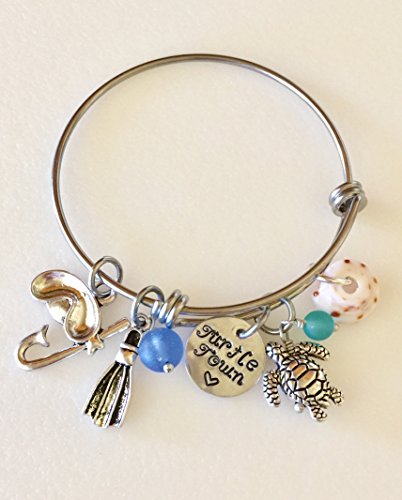 Snorkel Bangle, Scuba Diving Bracelet, Snorkeling Bangle, Hand Stamped "Turtle Town", Sea Turtle Charm Bracelet, Sea Glass, Hawaiian Puka Shell, Skin Diving, Turtle Lover, Scuba Diver Gift.