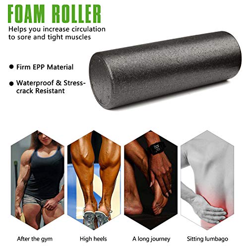 6 in 1 Premium Massage Foam Roller Kit 18" Large Foam Roller with Muscle Roller Stick 2 Massage Balls & 1 Resistance Band for Physical Therapy Injury Prevention Stretching Yoga & Trigger Point