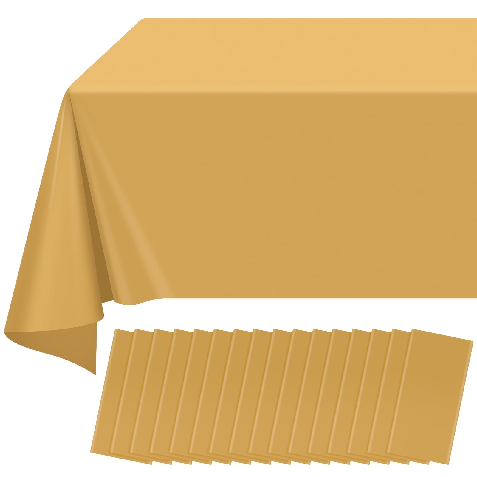Photo 1 of 16 Pack Gold Plastic Tablecloth for Rectangle Tables, Premium Decorative Gold Disposable Table Cloths for Parties, Bulk Rectangle Party Table Cover for Birthday, Wedding, Anniversary, 54 x 108 Inch