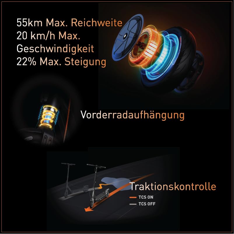 Segway-Ninebot F2 Pro D, E-Scooter mit Straßenzulassung für Erwachsene, max. 20 km/h Geschwindigkeit, 55 km Reichweite, Lange Reichweite 5