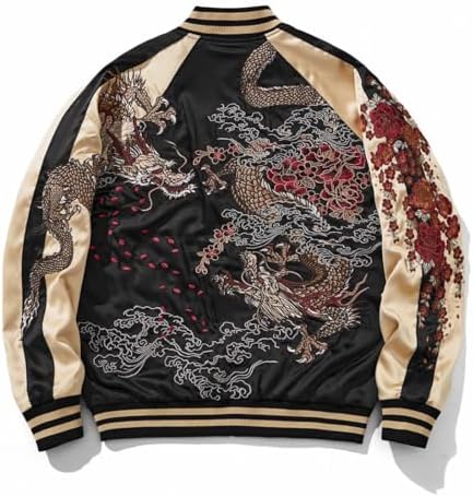 MQMYJSP Sukajan Baseball Jacket Men Satin Phoenix Embroidery