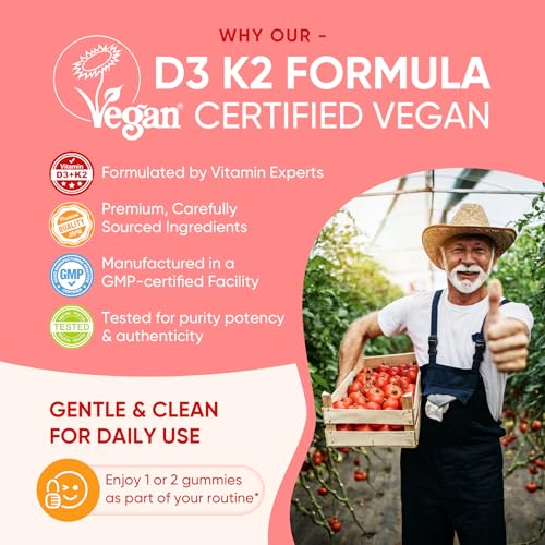 Vitamin D3 K2 Gummies 5000IU / 10,000 IU with 500mg Calcium + K2(MK-7) 200mcg, Magnesium, Vitamin C & Zinc, Extra Strength - Ultimate Absorbency for Bones, Muscles, Teeth, Vegan, 60 Count (Pack of 1)