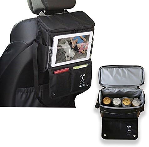 Car Back Seat Organizer Lunch Box with Cooler Small Portable Truck SUV Bag Multi-Pocket for iPhone iPad Outdoor Travel Insulated Black Bottle Warmer Storage for Baby Kids
