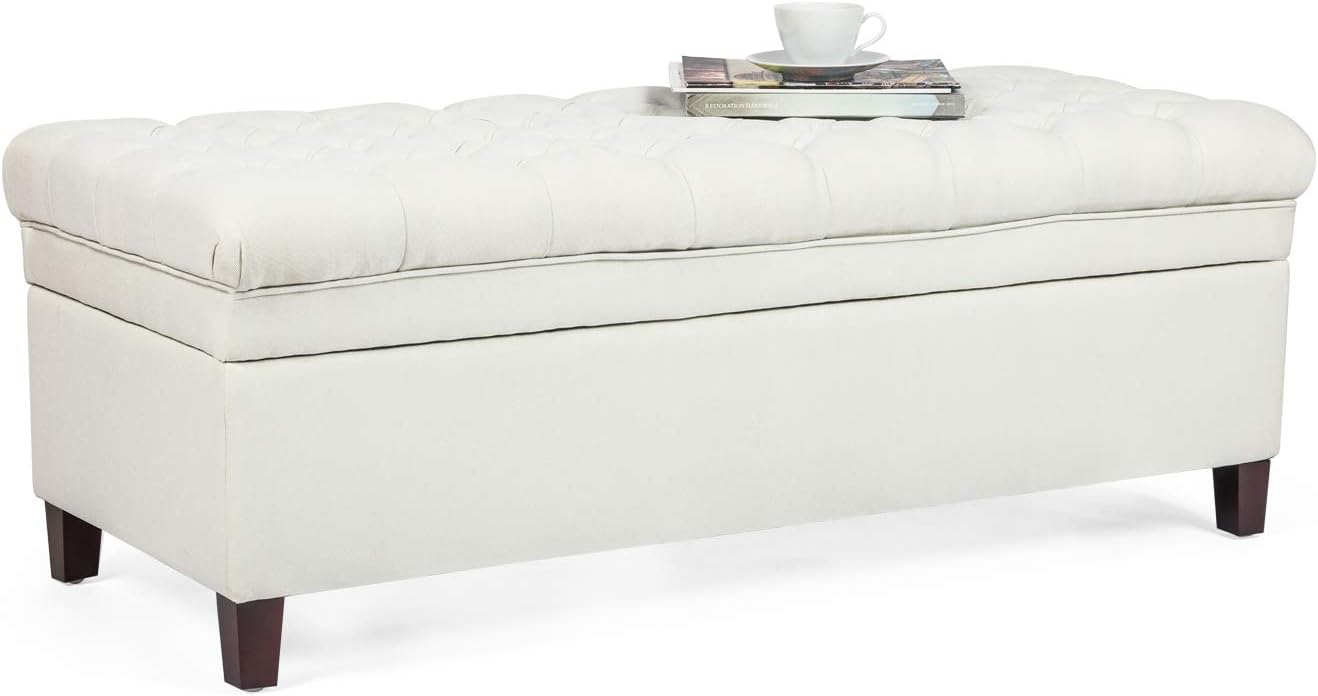 Asense Rectangular Tufted Storage Ottoman Bench, Large Storage, Fabric, Pure White