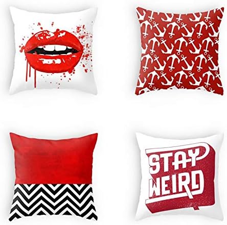 OATHENE Set of 4 Decorative Throw Pillow Covers,White Red Lip Fashion Modern Cotton Linen Cushion Sofa Bedroom Car,Home Decor,18 x 18 Inch.1354