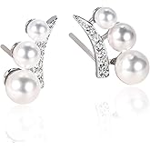 Cultured Pearl Ear Climbers in Sterling Silver Handmade Pearl Stud Earrings Hypoallergenic Jewelry for Women Girl