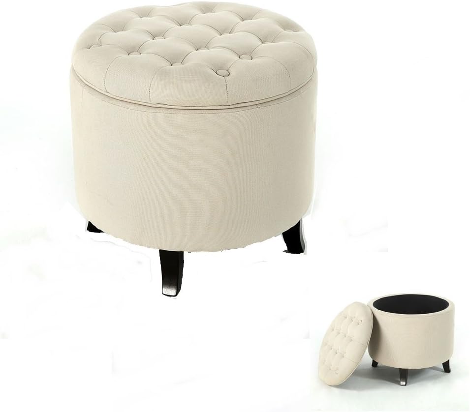 Inter Wealthys Round Storage Ottoman Coffee Table Beige Upholstered Fabric