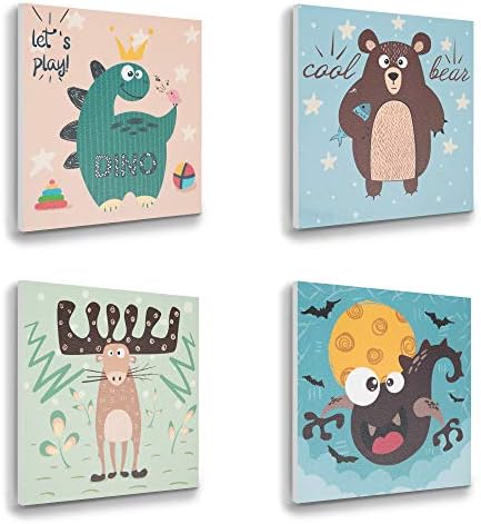 ETIUC Set of 4 Wildlife Nursery 3D Wall Art for Boys Girls 12x12 New Born Baby Kids Room Safari Animal Sticky Paintings Wall Decor Jungle Zoo Room Dinosaur Bear Reindeer Bat Wall Sticker(Cute Animal)