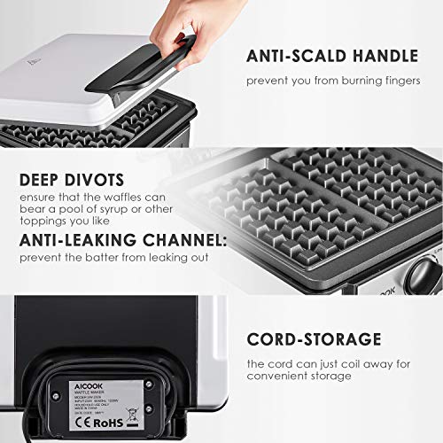 AICOOK Waffle Maker Iron, 1200W NonStick Easy to Clean Belgian Waffle Machine with Browning