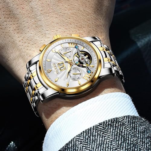 OLEVS Men Automatic Watch Stainless Steel Skeleton Mechanical Date Calendar Luxury Classic Business Waterproof Luminous Wrist Watches