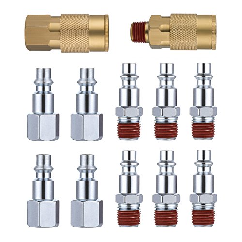 12PCS Air Fittings, Drillpro Pneumatic Quick Connect, Brass Air Coupler and Steel Plug Kit, 1/4'' NPT I/M, for Air Line, Air Compressor,Air Drill etc Pneumatic Tool Quick Connect