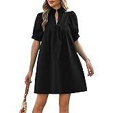 YEXPINE Women's Ruffle Collar High Neck Mini Dress Puff Short Sleeve Cotton Babydoll Peplum Dresses with Pockets