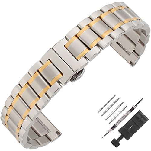 Weelovee Double Buckle Clasp Stainless Steel Bracelet Watch Band for Mens Women Strap Wristband Replacement 14mm to 24mm Straight End (18mm, Silver & Gold)