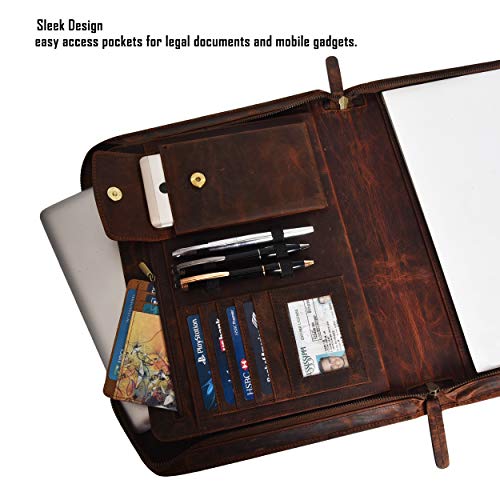 Leather Business Padfolio Portfolio for Men - Professional Executive Zippered Binder Folder 13.5 x 11 Inches Notepad Folio School Organizer for Women (Brown Crazy Horse)