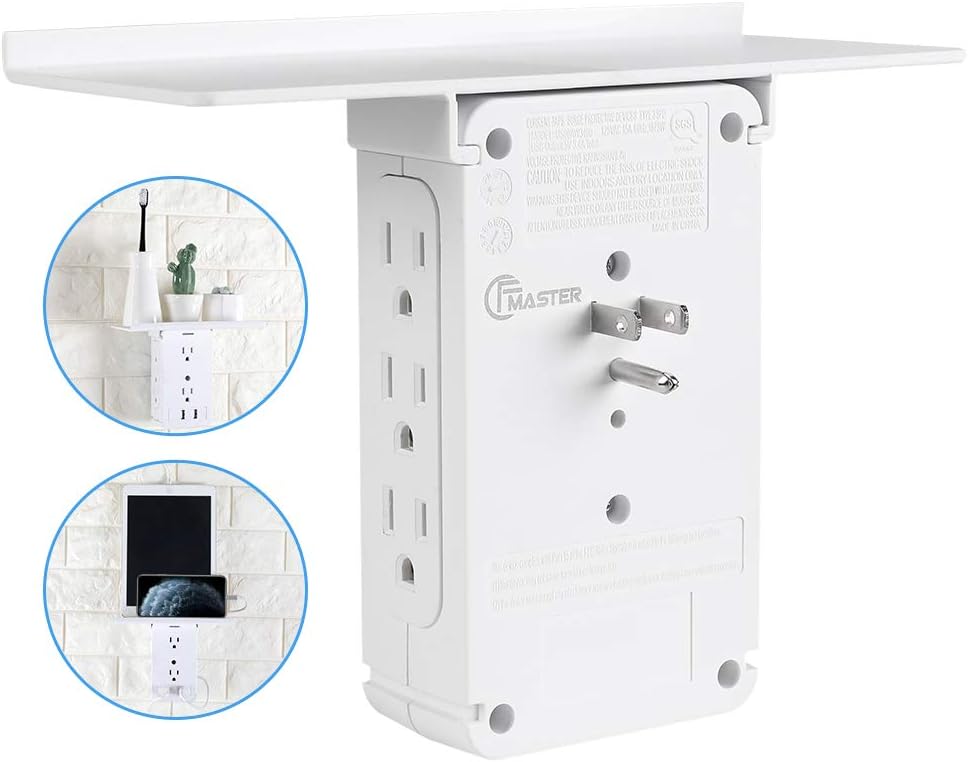 Socket Wall Shelf-CFMASTER 10 Port Surge Protector Wall Outlet, 8 Electrical Outlet Extenders and 2 USB Ports 2.4A, with Removable Built-In Shelf and LED Indicator, FCC Listed, White - - 