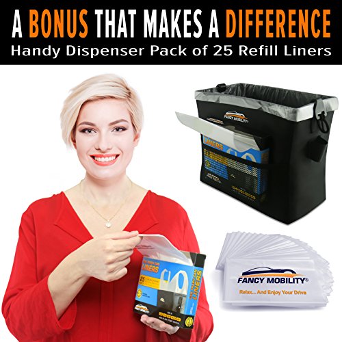 Fancy Mobility Car Trash Can â€“ Auto Accessories Garbage Bag Keeps Car, SUV, Truck Vehicles Interior Clean â€“ Road Trip Essential Perfect Gift for Every Driver â€“ Car Trash + Dispenser Pack of 25 Liners